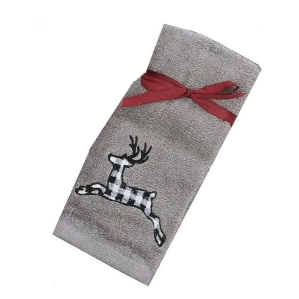 Avanti Reindeer Christmas Fingertip Towels Embroidered Buffalo Check Set of 2